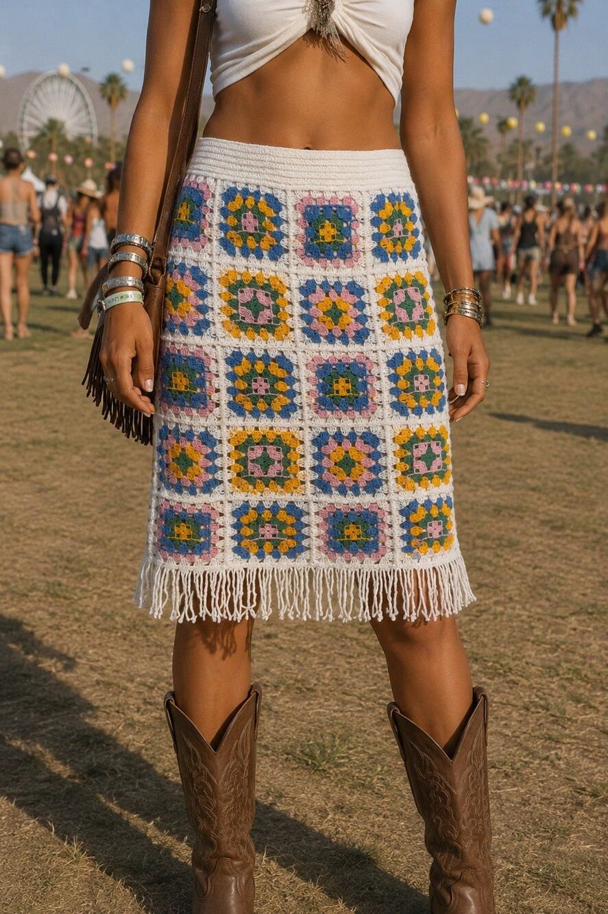 Rebellion White Crochet Midi Skirt with Blue, Pink & Yellow Squares